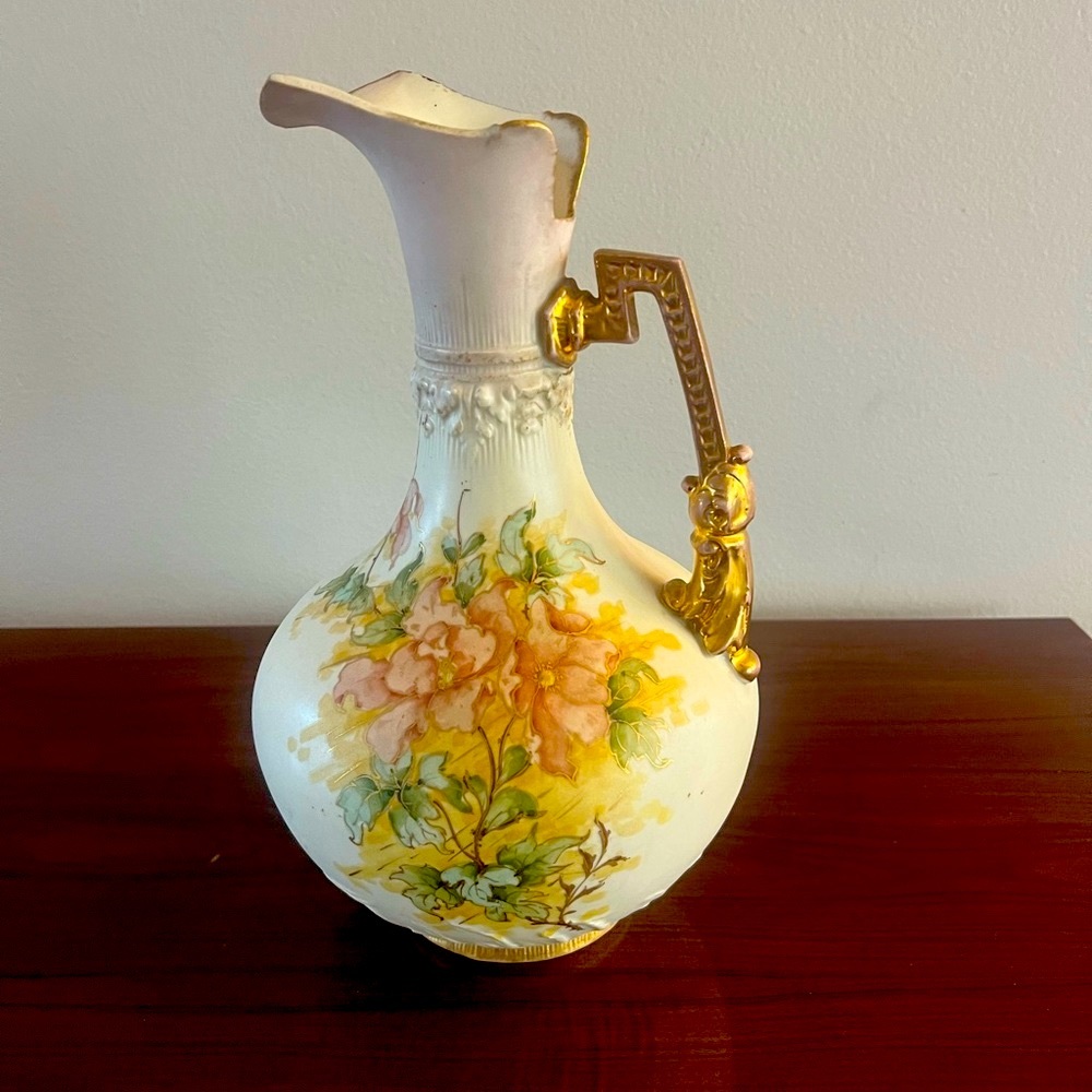 Victorian Antique Gold Encrusted Porcelain Pitcher / Ewer Hand Painted F…